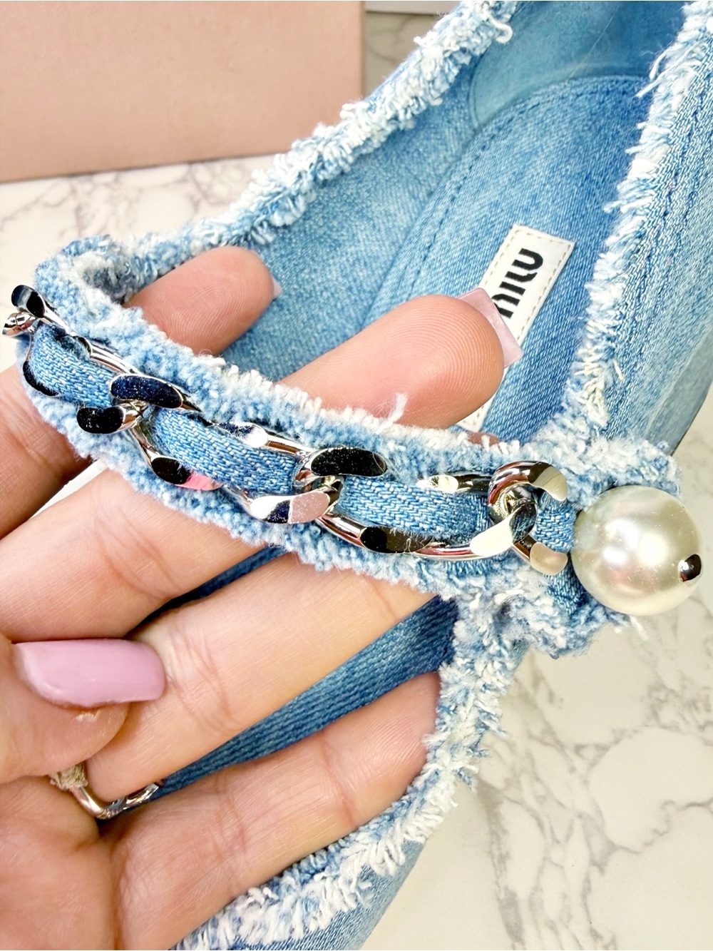 Miu Miu Decollette Denim Mary Jane Block Heels with Pearl Chain - Picture 10 of 15
